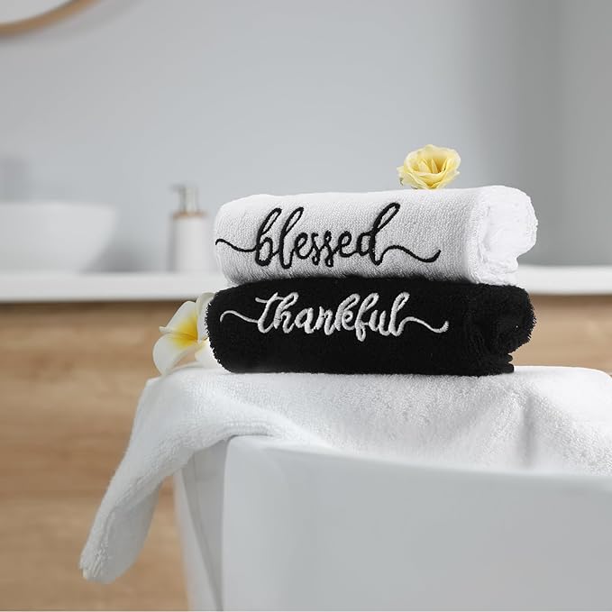 3 Pcs Thanksgiving Black and White Fingertip Towels 100% Cotton Fall Farmhouse Bathroom Hand Towels 12 x 18 in Decorative Embroidery Blessed Thankful Grateful for Gift Home Decor