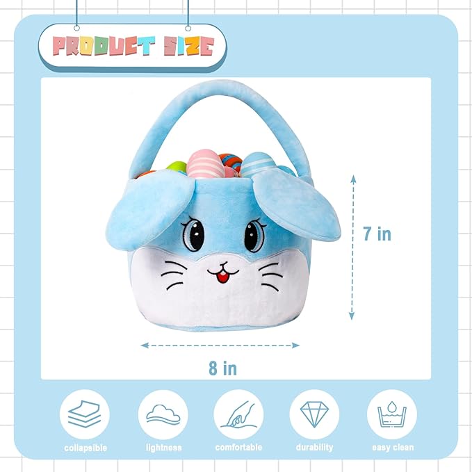 Wepop Easter Egg Baskets for Kids Bunny Basket with Folded Ears Easter Bag Buckets Hunting Gifts for Boys and Girls