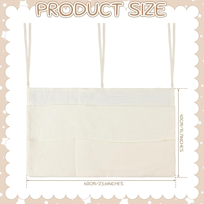 Cotton Baby Bedside Hanging Storage Bag 6 Pockets Bedside Caddy Organizer for Baby Cribs and Toys Milk Bottle Nursery Hanging Organizers, Beige