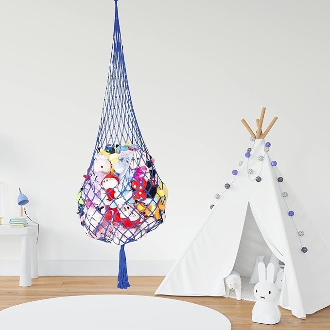 Novel Stuffed Animal Net or Hammock Macrame Plush Toy Display- 6.5ft H,One Hook! Perfect for The Tiny Space in Corner,Walls and Ceiling Hanging Net-Blue