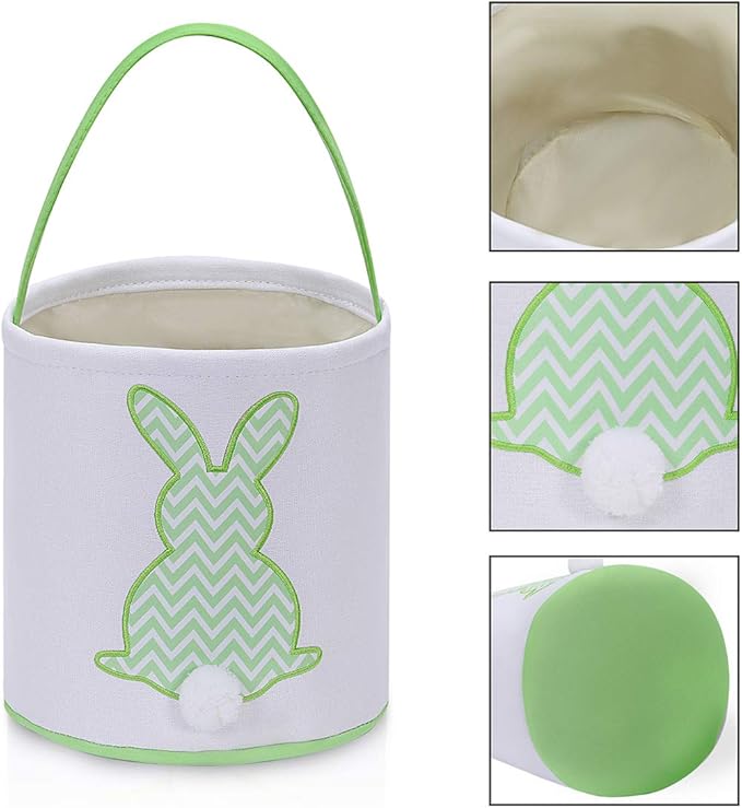 MONOBLANKS Easter Bunny Basket Bags, Rabbit Bucket Tote for Easter Egg Hunts Decorations Candy Gifts Storage (Green(wave))