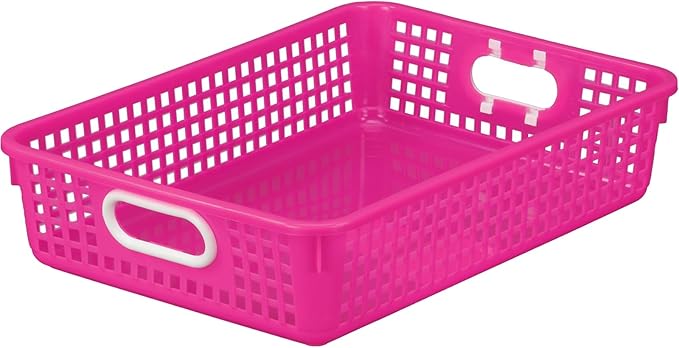 Really Good Stuff Multi-Purpose Small Desktop Paper Storage Baskets, 14" x 10" x 3.25", Set of 4, Neon Group Colors, Classroom Organization, Stackable Mesh Plastic Baskets with Grip Handles
