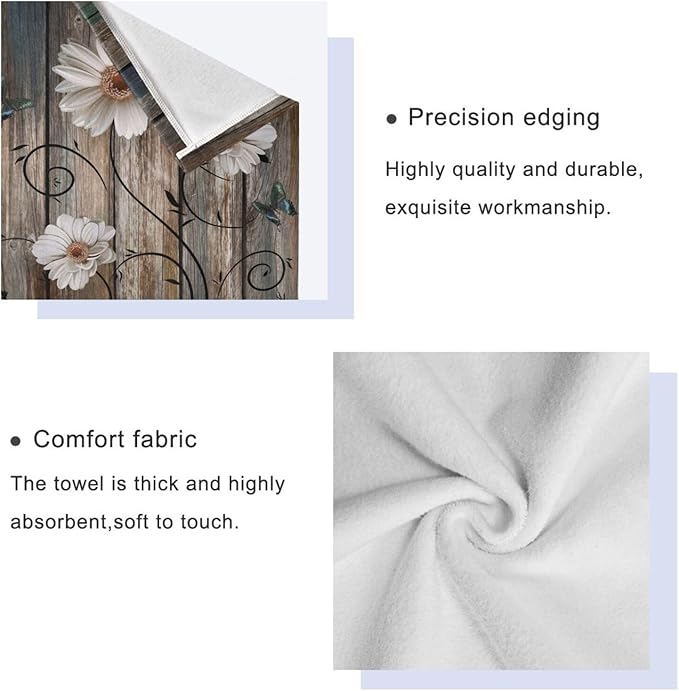 3 Piece Rustic Bath Towels Set,Microfiber Absorbent Beige Daisy Floral Butterfly Brown American Country Towels for Bathroom,1 Bath Towel,1 Hand Towel,1 Washcloth,Decorative Bathroom Towels