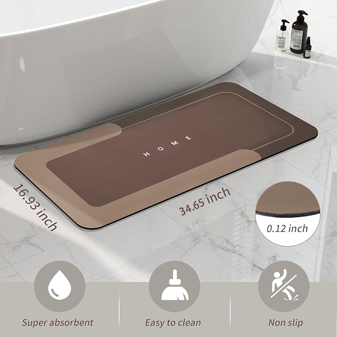 Housego Absorbent Bath Mat Magic Rug, Quick Drying Magic Bath Mat Non-Slip Floor Rug Rubber Backed for Bathroom Kitchen Shower Sink, Water Absorbent (1PC, 16.93''x34.65’’, Brown)