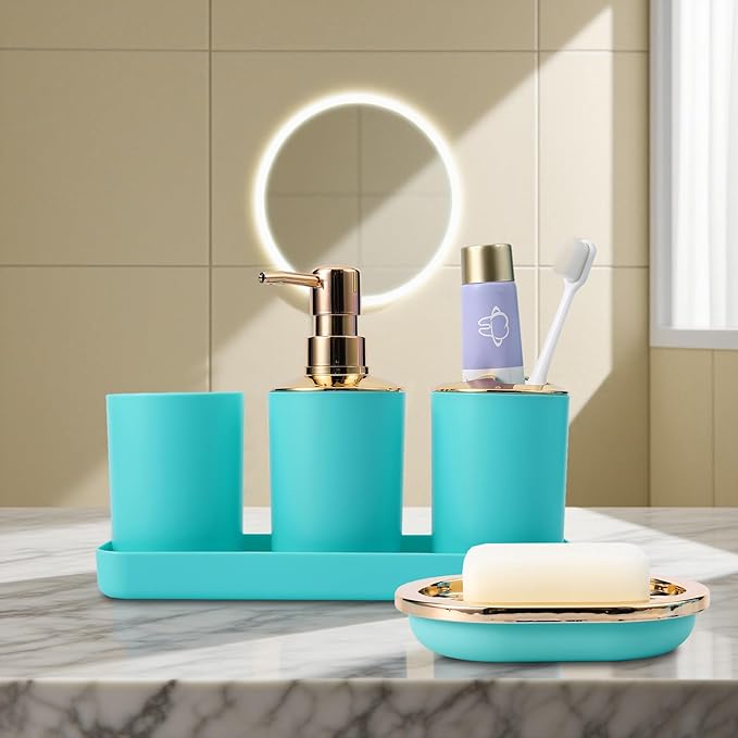 9 Pieces Teal Bathroom Accessories Set Gorgeous Gold Bathroom Set, Trash Can, Toilet Brush, Soap Dispenser, Toothbrush Holder, Soap Dish, Tumber, Qtip Holder, Tray, Sink Countertop Set