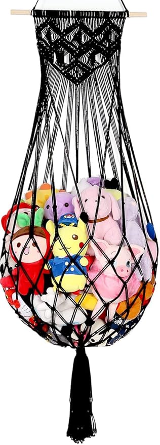 Stuffed Animal Hammock Wall Hanging Net for Stuffed Animal Net Stuffed Animal Storage Plush Toy Holder Toy Organizer for Boho Kidroom Nursery (Black)