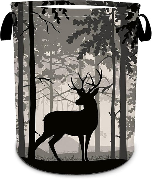 Deer Pine Tree Laundry Basket, Foggy Forest Laundry Hamper Foldable Waterproof Funny Tote Bag Dirty Clothes Storage Bucket Toy Organizer for Bathroom/Laundry/Bedroom 15.7"x19.6"