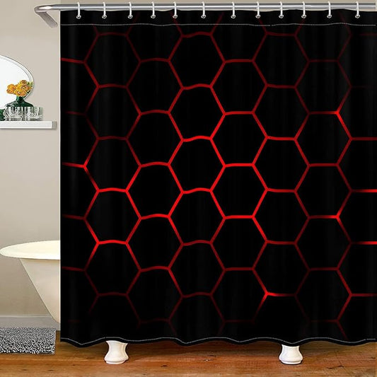 Honeycomb Bathroom Waterproof Accessories with 12 Hooks for Kids Men Girls Modern Geometric Hexagon Theme Fabric Shower Curtains Colorful Grid Art Neon Decor Shower Curtain Red Black,72x72 Inches