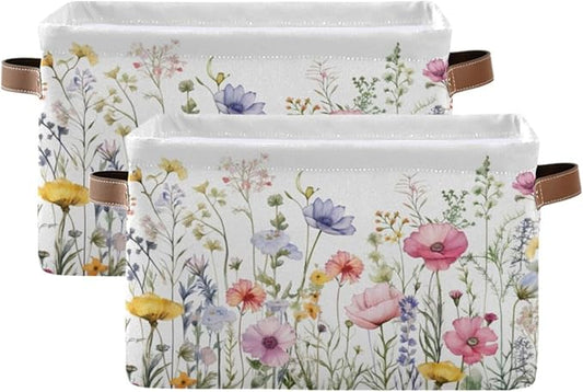 YETTASBIN Herbal Wildflowers Storage Basket 2pc, Large Collapsible Toys Clothes Organizer, Durable Canvas Storage Bin with Handle for Shelves Closet Laundry Home Office Decor