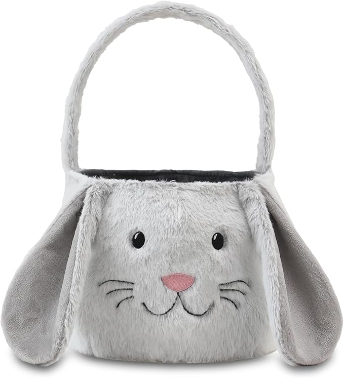Easter Bunny Basket,Cute Easter Bucket Bags with Rabbit Ears for Easter Eggs Hunting,Easter Decorations,Candy Gifts Storage (Grey/White)