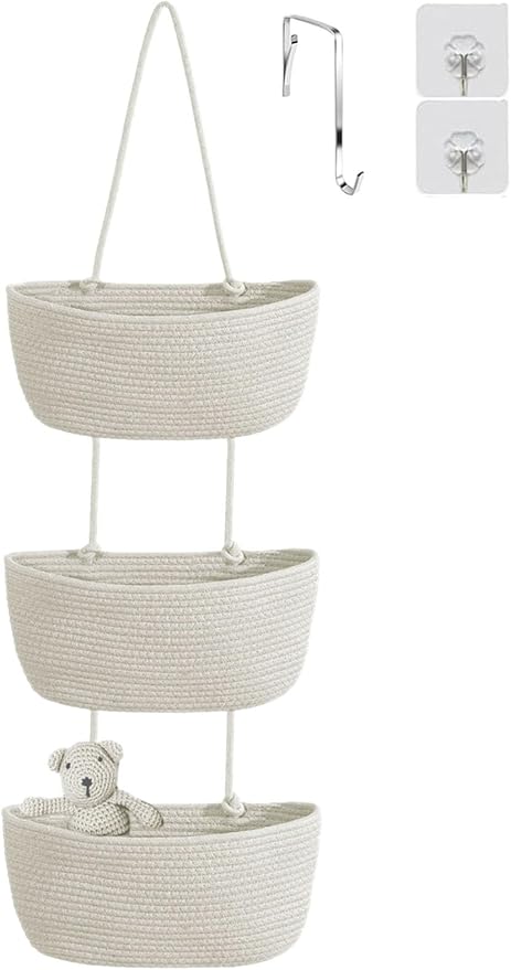YYaaloa White Woven Cotton Hanging Baskets for Organizing Decor 3-Tier Over the Door Wall-Mounted Storage Bag Nursery Baskets for Organizing Living Room, Bathroom and Bedroom (White)