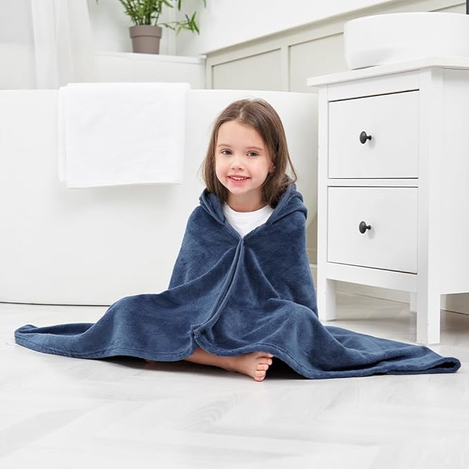 Hiturbo Kids Hooded Bath Towel: Soft Plush Pool Beach Fleece Towel Blanket - 50"x30" Toddler Towels Wrap for Boys Girls 3-12 Years (Navy)