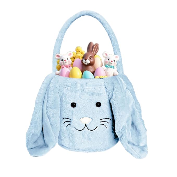 Easter Bunny Basket for Kids, Fluffy Easter Egg Hunt Bag Soft Fabric, Cute Rabbit Tote Bags with Long Plush Ear Easter Tote Bags for Candy Gifts Storage (Blue)