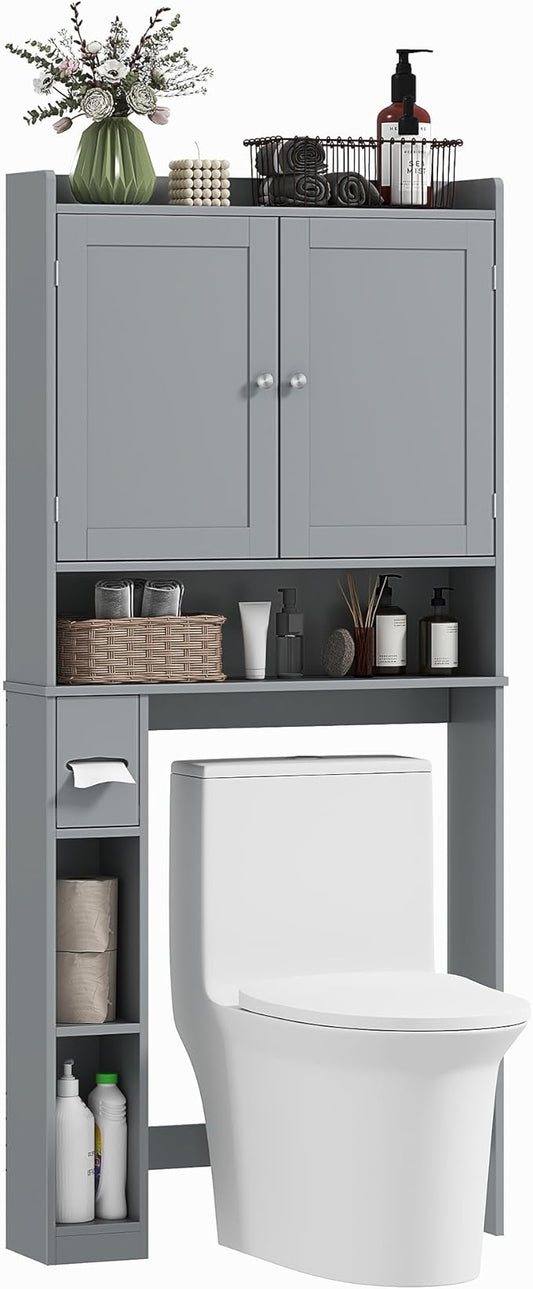 HOMCOM Over The Toilet Storage Cabinet, Modern Above Toilet Bathroom Organizer with 2 Doors, Storage Shelves, Toilet Paper Holder, Freestanding Space Saver for Bathroom, Laundry, Gray