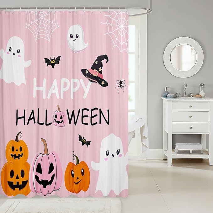 Happy Halloween Shower Curtains,Cute Ghost Pumpkin Pink Bathroom Curtains for Kids Teens Adults,Kids Cartoon Style Waterproof Bath Curtains with 12 Hooks for Bathtub,72" W x 72" L
