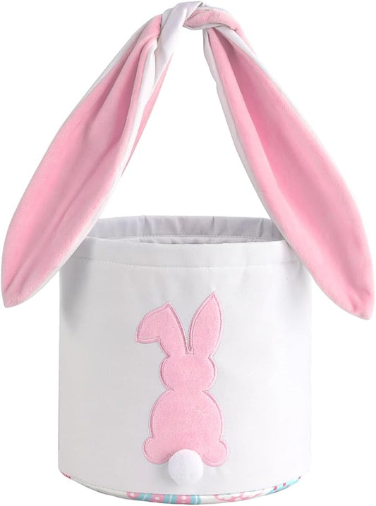 MONOBLANKS Easter Bunny Basket Bags Carrying Gift and Eggs Hunt Bag,Rabbit Canvas Toys Bucket Tote (A-Pink)