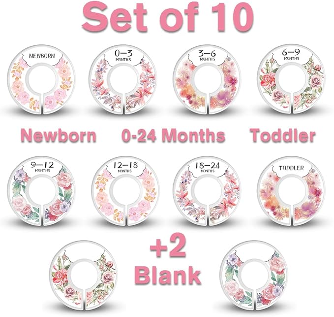 Baby Closet Size Dividers for Clothes - Set of 10 from Newborn to Toddler and 2 Blanks with Colored Box- Flower Designs Baby Closet Organizer for Nursery - Baby Clothes Organizer for Girl - [Floral]