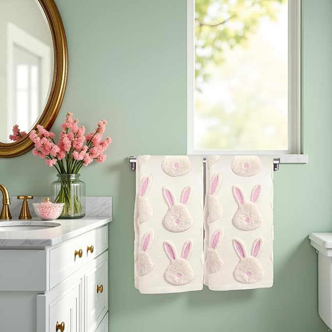 2pcs Easter Bunny Hand Towels Set 100% Cotton Soft Absorbent Spring Bathroom Hand Towels 14x29 Inch Cute Jacquard Easter Kitchen Decor Towels Holiday Kitchen Bathroom Decor Gift(Beige)