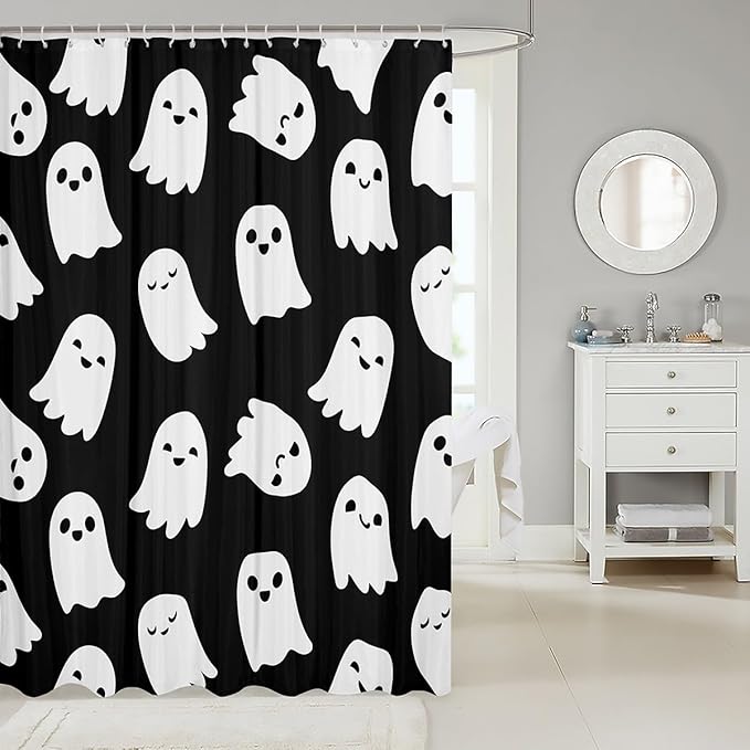 Halloween Theme Bathroom Curtains for Kids Teens Adults,Lovely Black White Shower Curtains,Cute Cartoon Ghost Bath Curtains with 12 Hooks,Waterproof,72" W x 78" L