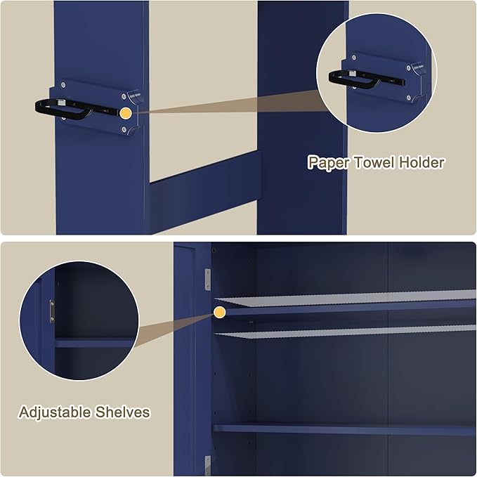 Over The Toilet Storage Cabinet with Gold Trim, Modern Bathroom Organizer Over Toilet with Adjustable Shelves and Toilet Paper Holder for Bathroom (Blue)