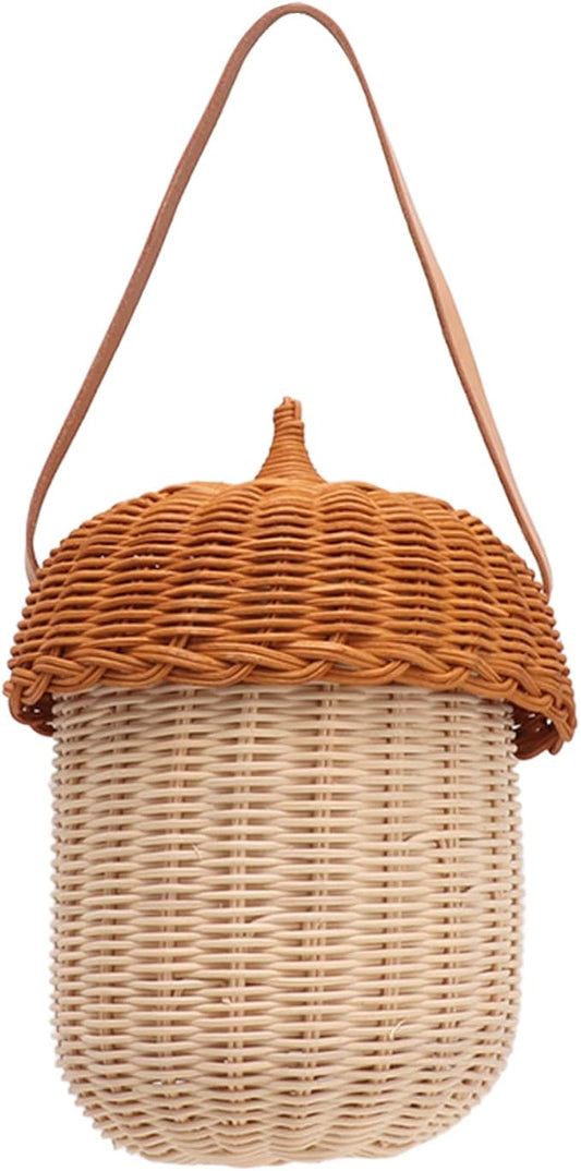 Fdit Kids Rattan Storage Basket Bag, Hand Woven Pine Cone Shaped Basket for Boys Girls Home Decor Storage Box Photography Props (Large Handbag)
