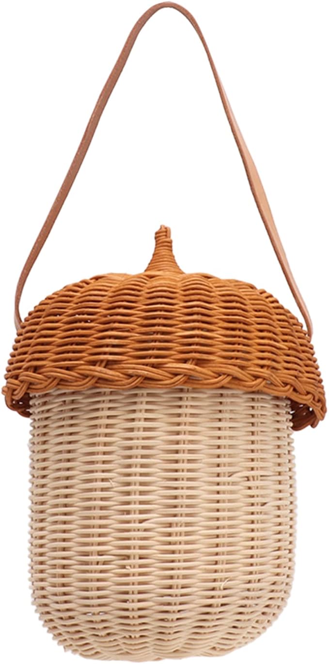 Kids Rattan Storage Basket, Multifunctional Acorn Shaped Waterproof Rattan Basket Bag Decorative for Outdoor for Girls (Large Handbag)
