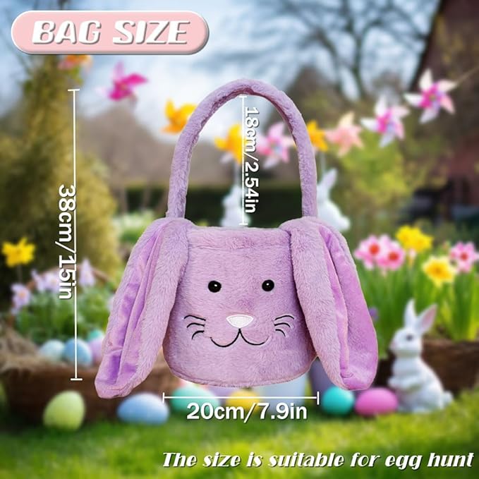 Easter Bunny Basket for Kids, Fluffy Easter Egg Hunt Bag Soft Fabric, Cute Rabbit Tote Bags with Long Plush Ear Easter Tote Bags for Candy Gifts Storage (Purple)