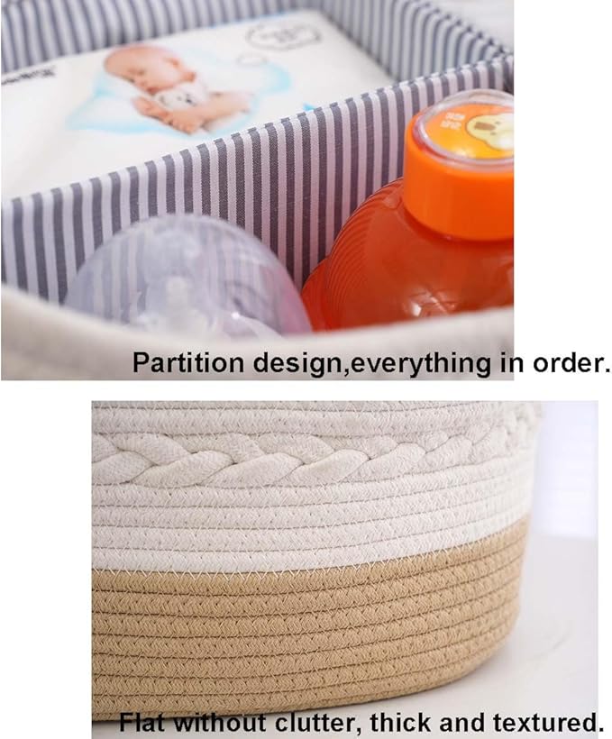Diaper Caddy Organizer, Large Cotton Rope Nursery Basket, Changing Table Baby Diaper Storage Portable Car Organizer with Removable Divider