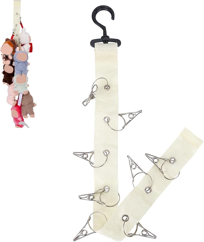 Plush Toy Display Strap, Stuffed Animal Hanging Storage Chain with 8 Metal Clips Wall & Over Door Organizer Holder for 5.9-6.69in Doll or Hats Scarf Nursery Room Decor (White)