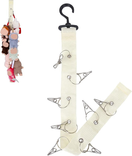 Plush Toy Display Strap, Stuffed Animal Hanging Storage Chain with 8 Metal Clips Wall & Over Door Organizer Holder for 5.9-6.69in Doll or Hats Scarf Nursery Room Decor (White)