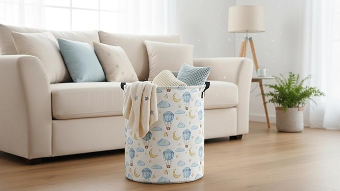 CLOCOR Round Collapsible Flat Storage Basket,Space-Saving Fabric Laundry Hamper for Clothes,Nursery Hamper,Gift Basket(Blue Balloon)