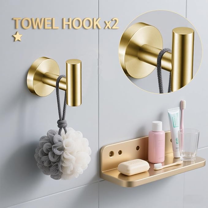 6 Pieces Brushed Gold Bathroom Hardware Accessories Set Hand Towel Ring 16&23.6 Inch Round Towel Bar Gold Toilet Paper Holder Towel Hooks 2 Pieces SUS 304 Stainless Steel, Heavy Duty, Wall Mounted