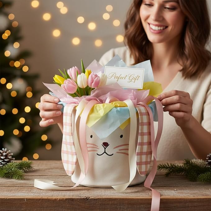 Cute Burlap Bunny Easter Basket, Large Canvas Gift Tote with 3D Plaid Ears for Egg Hunt and Party Decor, Springtime (Brown)
