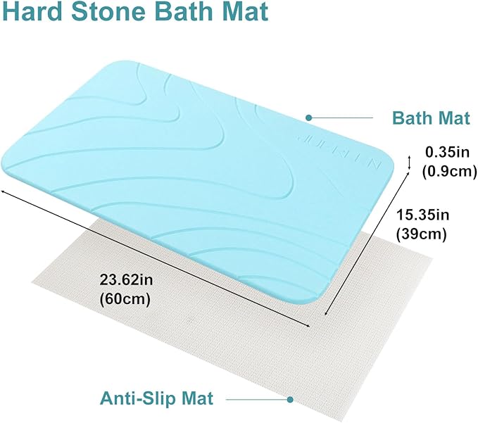 2 Pack Diatomaceous Earth Shower Mat, Stone Bath Mat, Nonslip Super Absorbent Fast-Drying Hard Bath Mat for Bathroom Shower Floor, 23.62 x 15.35 inch, Blue-Green