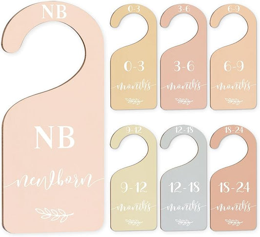 Whaline 7Pcs Boho Wood Baby Closet Size Dividers With Yellow Velvet Bag Newborn to 24 Month Thicken Infant Wardrobe Hanger Organizers for Home Nursery Party Supplies
