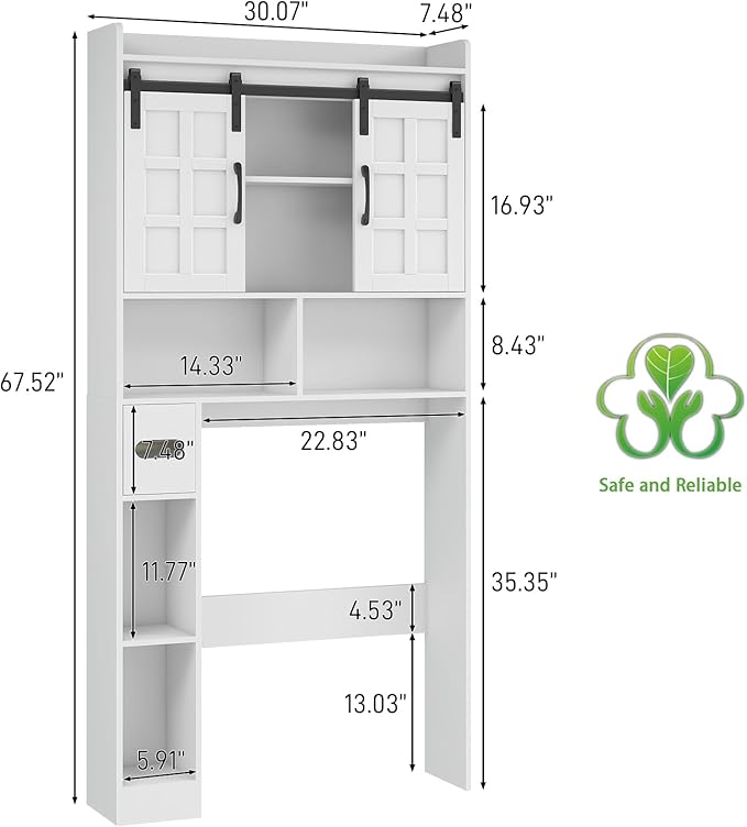 Over The Toilet Storage Cabinet, Farmhouse Storage Cabinet Over Toilet with Sliding Doors，Home Space-Saving Toilet Rack, for Bathroom, Restroom, Laundry,White
