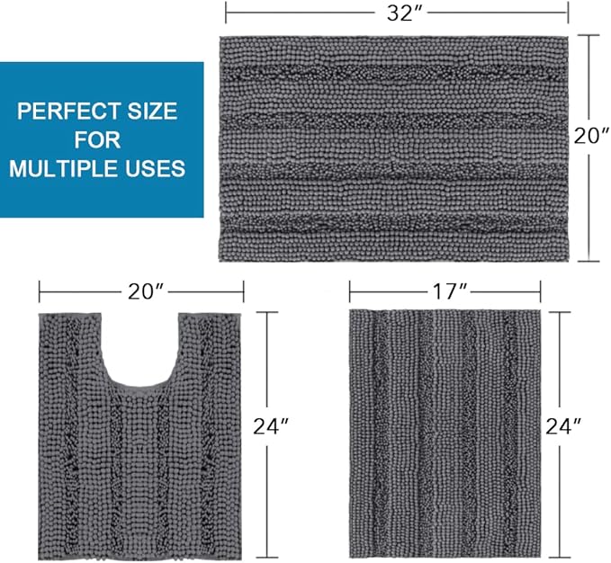 H.VERSAILTEX 3 Piece Bathroom Rugs Sets Thick Striped Bath Rugs Set for Bathroom Non Slip Soft Absorbent Bath Mat Set for Tub, Shower and Toilet(17''x24''+20''x32''+20''x24'' U-Shaped, Grey)