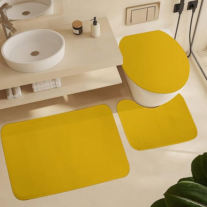 3 Pieces Bath Rug Sets, Solid Mustard Yellow Bathroom Mat Set Non Slip U Shaped Contour Rug & Toilet Lid Cover