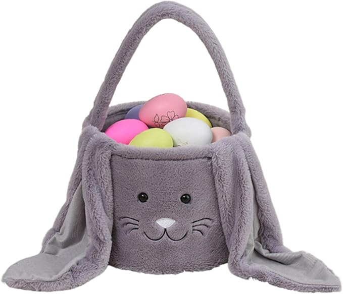 Plush Easter Bunny Basket Bags for Kids, Rabbit Bucket Tote with Long Fluffy Ears, Cute Egg Hunts Party Storage Candy Gifts Carry Bucket Decorations (Gray)