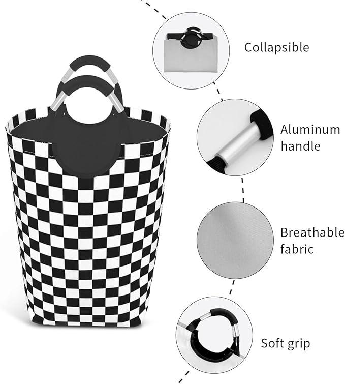 LIBIFALL Black and White Plaid Large Laundry Basket Checkerboard Laundry Hamper Bag Collapsible Laundry Baskets Clothes Hamper with Handles Checkered Storage Baskets For Dorm,Family,50L