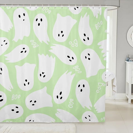 Halloween Shower Curtain,White Green Watercolor Hand Draw Print Decorative Bath Curtain,Cartoon Ghost Home Bathroom Decor Polyester Fabric Waterproof 72 x 84 Inches
