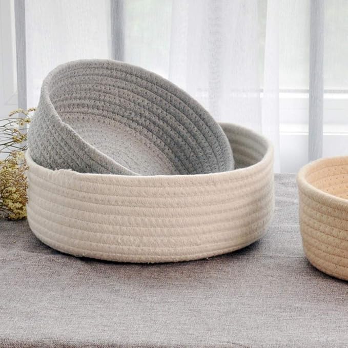 Cotton Rope Handmade Woven Home Storage Household Candy Toys Storage Basket Sundries Collection Box Candy Snack Food Tray SML Pack of 3 (Round, Grey)