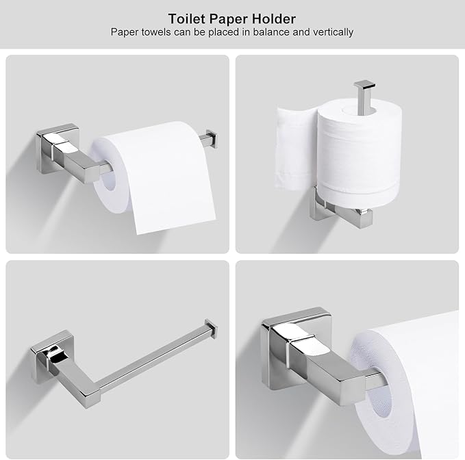 5 Pieces Polished Chrome Bathroom Hardware Accessories Set,Stainless Steel 23.6" Hand Towel Bar Set, Toilet Paper Holder, Towel Ring ，Towel Rack Set Silver