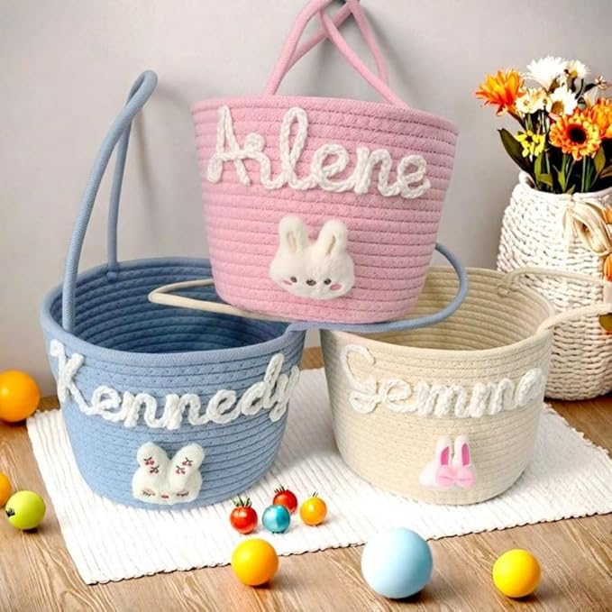 Personalized Easter Bunny Basket, Custom Name Baby Basket, Easter Gift for Kid Toddler,boy,girls (15x18x23cm)