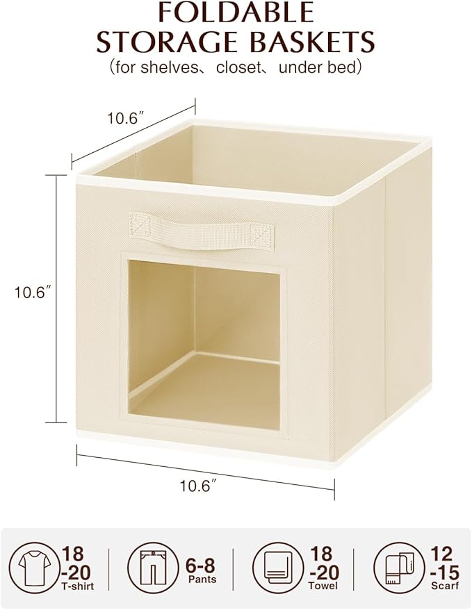 Foldable Storage Cubes - Cubby Storage Organizer with Window, Decorative Baskets for Organizing, 11 Inch Fabric Cube Shelf Bins, Set of 10, Beige