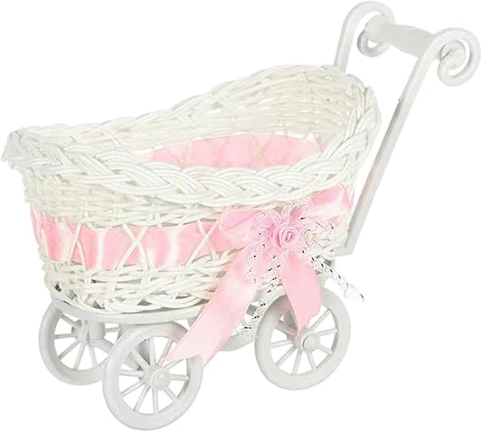 Wicker Baby Carriage, Vintage Baby Carriage Decor, Plastic Candy Basket for Birthday Party Favors/ 9.5x5.5x6.7 Inch