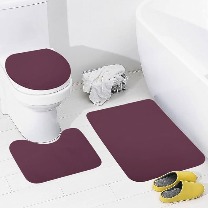3 Pieces Bath Rug Sets, Plum Purple Color Bathroom Mat Set Non Slip U Shaped Contour Rug & Toilet Lid Cover