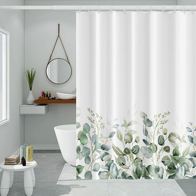 Green Eucalyptus Leaves Shower Curtain Spring Leaf Wild Nature Plants for Bathroom Farmhouse Style Home Decor Waterproof Polyester Fabric Shower Curtain with Hooks, 36x72 Inch