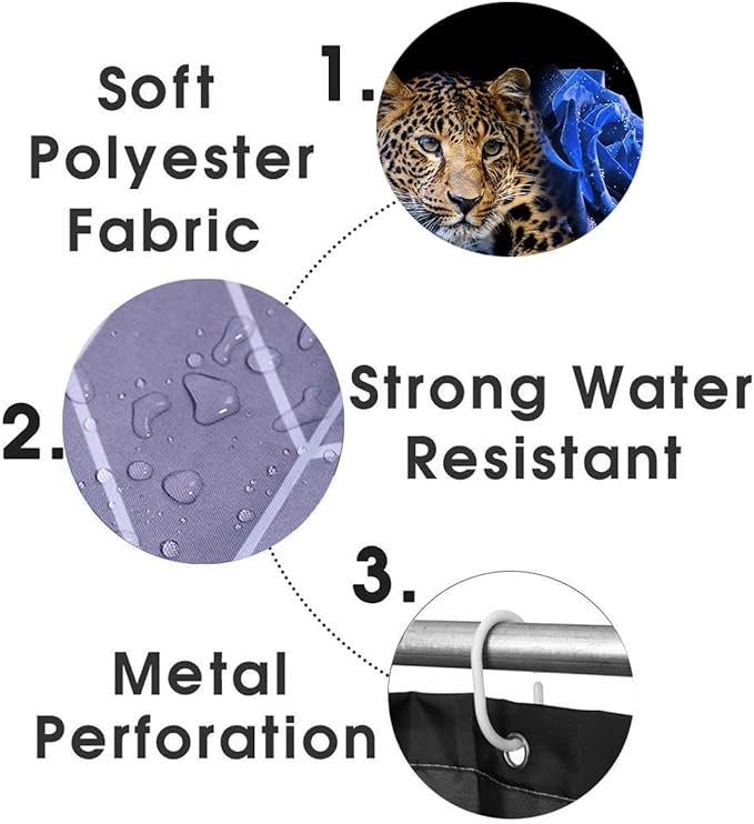 4PCS Blue Rose Leopard Shower Curtain Sets with Rugs, Waterproof Fabric Black Shower Curtain, Modern Romantic Elegant Blooming Floral African Wild Animal Safari Jaguar Cheetah Bathroom Decor