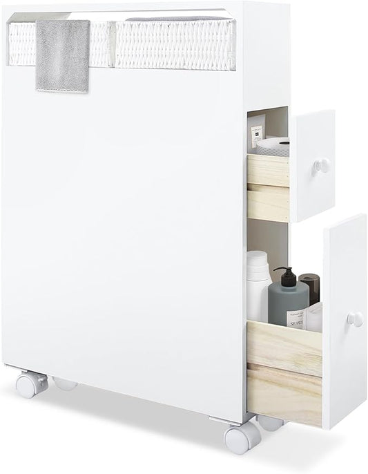 MASAKA B&W Movable Bathroom Storage Cabinet with 2 Drawers and Shelf, Toilet Paper Storage, Corner Shelves, Bathroom Furniture Sets, Side Organizer Toilet